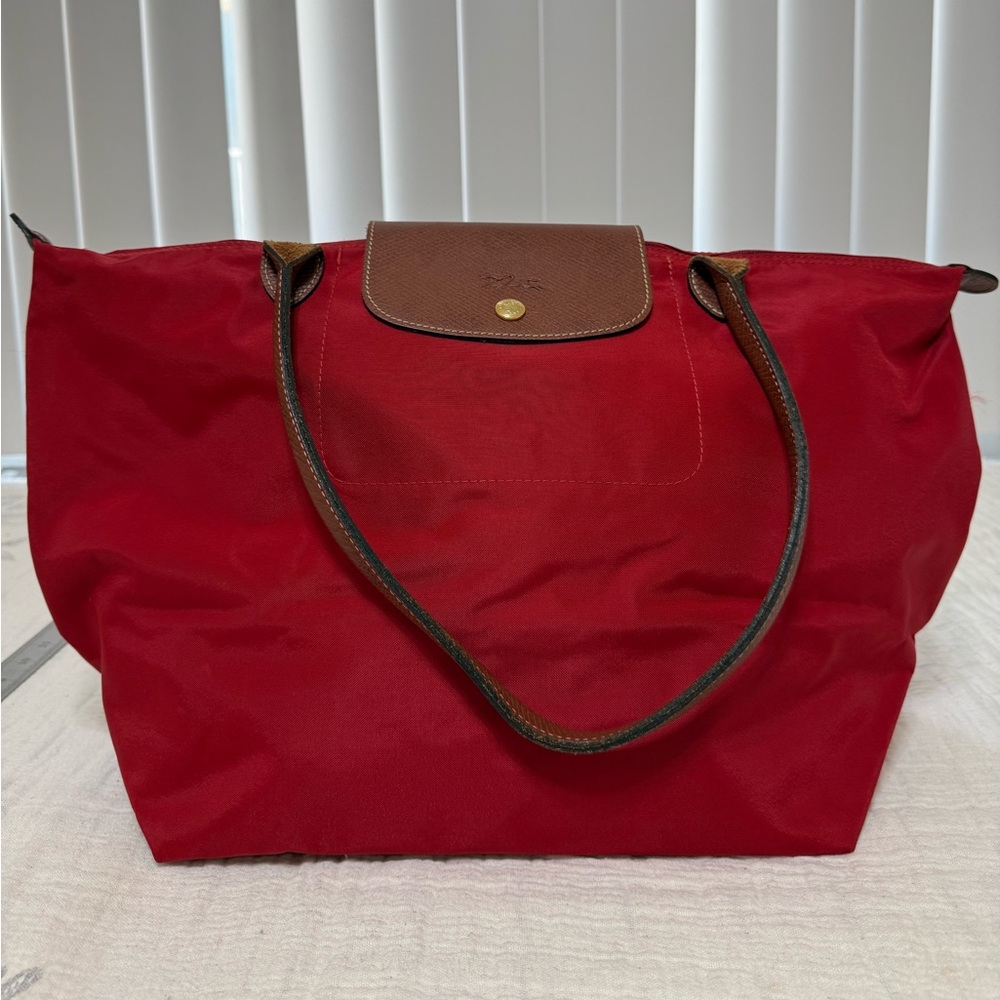 Longchamp Red Tote with Brown Trim